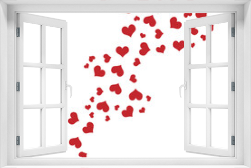 A scattered arrangement of red heart-shaped confetti or decorations against a white background