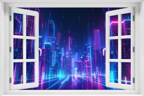 Smart city landscape with high technology, digital smart connection, city night light background, data tech, neon light of building skyscraper, 3D rendering.