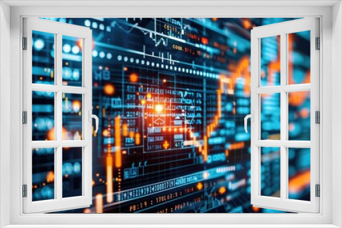 Abstract image of digital data on a screen, depicting financial charts, big data analytics, and information technology trends.