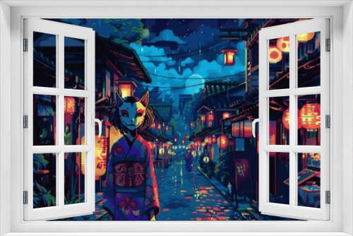 A lone figure walks through a vibrant, lantern-lit street in a Japanese city at night.  The scene is full of life and energy.