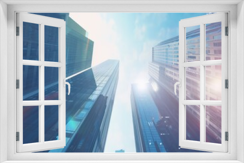 business and financial skyscraper buildings concept.Low angle view and lens flare of skyscrapers modern office building city in business center with blue sky. : Generative AI