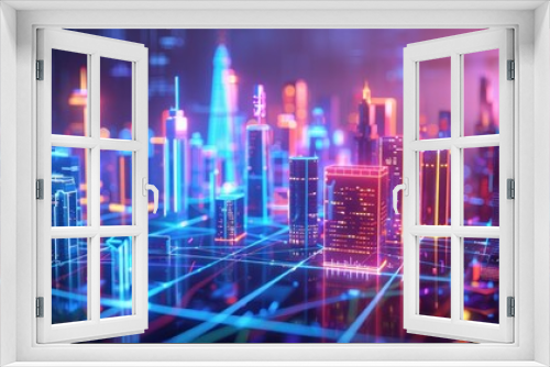 A futuristic smart cityscape with neon lights and buildings