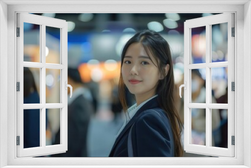 professional asian woman at career fair confident posture smart business attire engaging with recruiter at modern booth display backdrop of bustling event hall with corporate banners