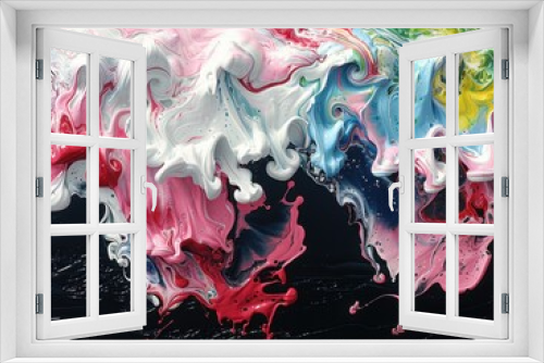 Dynamic, colorful abstract painting with swirling waves of vibrant colors, including white, pink, blue, green, and yellow, on a dark background, creating a sense of movement and fluidity.