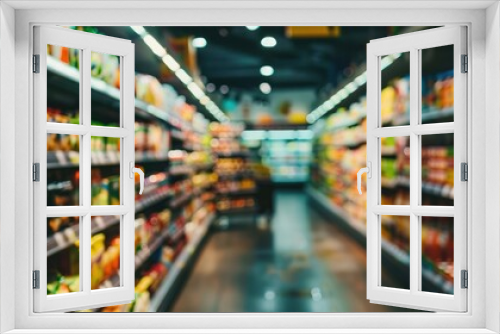 A blurry image of a grocery store aisle with a lot of food items. Generate AI image