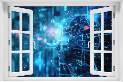 Digital background featuring an AI head with glowing lines and light effects