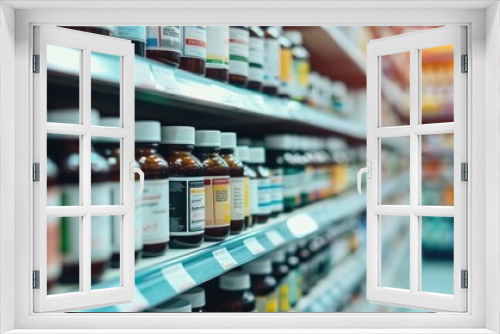 A drug store with medicine bottles lined up beautifully on the shelves. on a blurred background Concept of selling medicines.