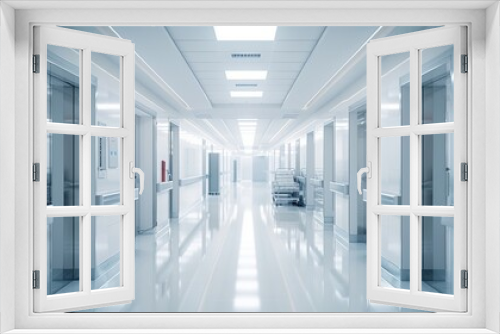 A modern hospital corridor with bright white walls, clean floors, and overhead fluorescent lighting. Medical equipment is neatly arranged along the sides, and doors to patient rooms line the corridor.