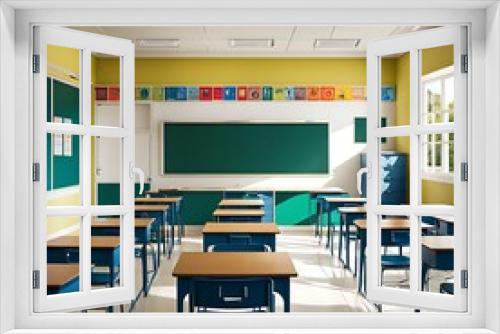 Empty classroom with desks, chairs, chalkboard, and windows, ready for students to learn. Concept of education, back to school, teaching, learning, and classroom environment.