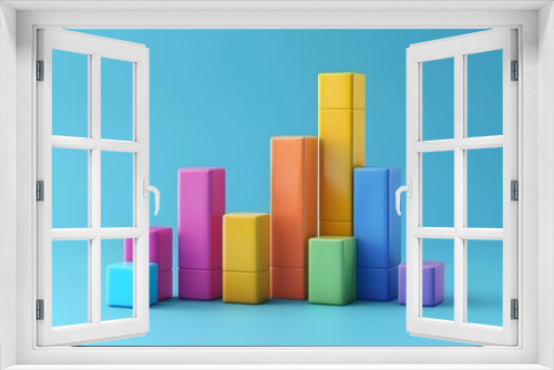 3D bar graph with colorful blocks against a blue background, representing data analysis, business growth, and financial statistics.