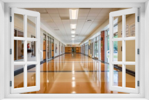 Empty school hallway with student lockers