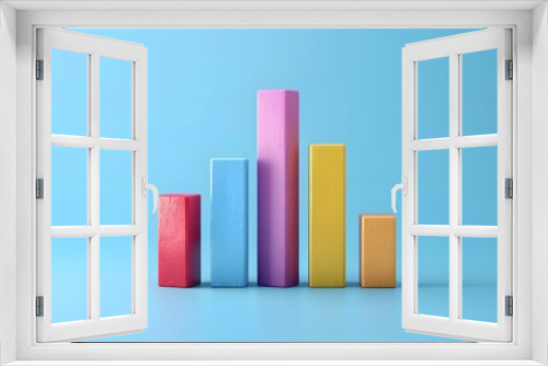 Colorful 3D bar chart illustration on a blue background, representing data visualization, business, and statistical growth.