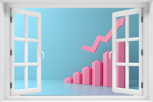 Pink bar graph with upward arrow, depicting growth and success on a blue background, ideal for business and finance themes.