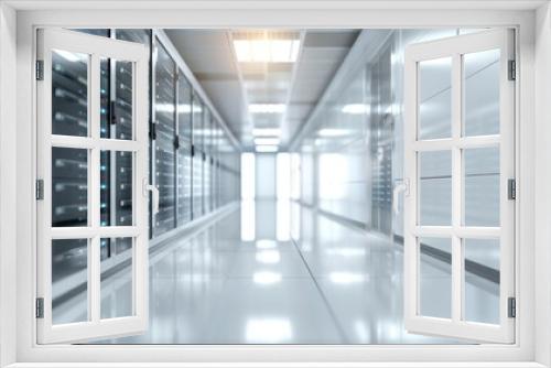 Detailed 3D rendering of servers in the data center room with bright bokeh light going through the corridor