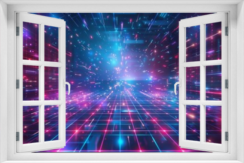 Digital or cyber surface. Neon lights and geometric patterns. Retro 80's retro style background.