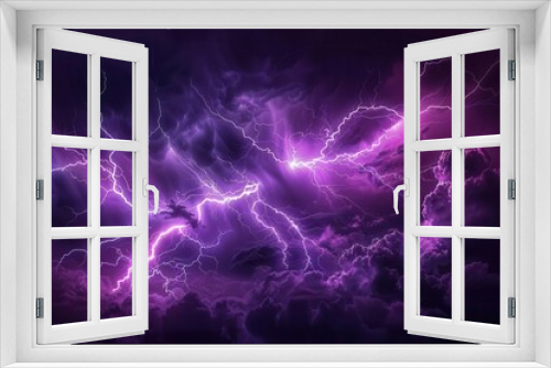 dramatic purple lightning bolt splits night sky illuminating turbulent storm clouds in eerie electric glow