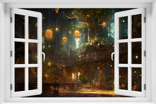 Fantasy landscape with a wooden bench in a fantasy forest at night