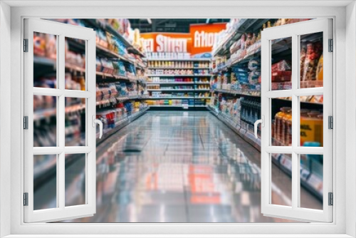 Aisle in a grocery store with various products on shelves