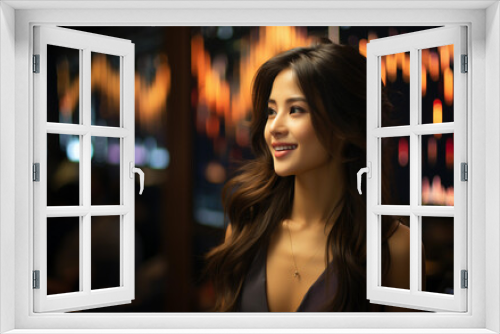 A young woman with long dark hair smiles at a bar, the lights behind her are blurred