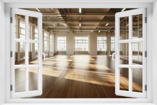 Interior of an empty dance, yoga, fitness studio hall with big mirrors, windows and wooden floor