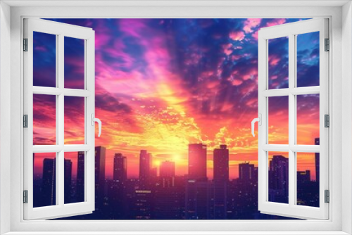 Silhouetted skyscrapers against a dramatic sunset sky with vibrant colors. Perfect for real estate and urban development. Generative AI