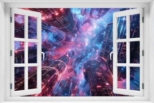 immersive metaverse cityscape with neonlit skyscrapers floating holograms and avatars traversing digital walkways amidst a swirling galaxy of data particles