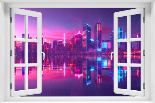 A futuristic city skyline at twilight, with buildings outlined in neon colors transitioning from crimson to burnt orange and indigo. The sky blends from evening blue to shades of purple and pink, 