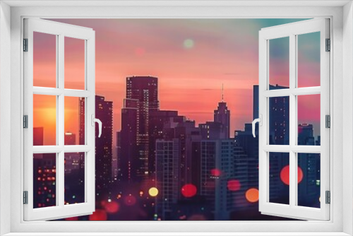 City lights at sunset, evening transition, colorful sky, modern cityscape, close up, copy space, vivid tones, Double exposure silhouette with twilight skyline