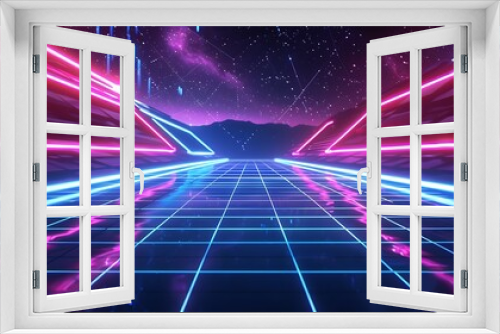 Craft a retro 80s background featuring neon colors, grid lines, and synthwave aesthetics