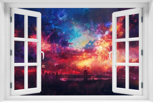 Fireworks display in a night sky, vibrant colors exploding over a cityscape, celebrating Independence Day, festive and lively atmosphere, digital art