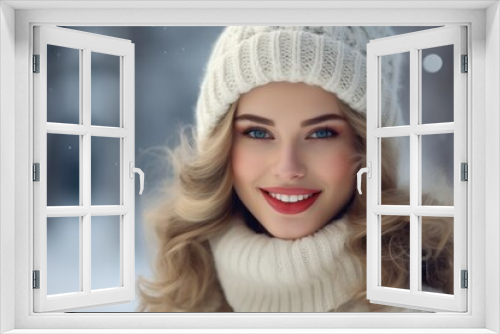 Smiling Woman in Winter Attire in Snowy Landscape with Blue Eyes and Red Lips