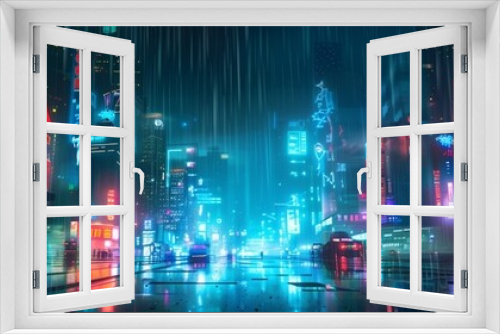 A futuristic metropolis engulfed in a storm of neon lights and pixelated rain casting reflections on slick reflective surfaces.