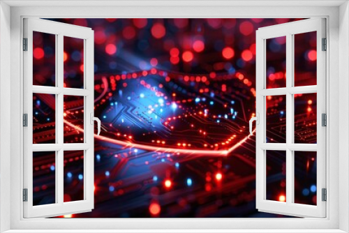 A digital shield glows brightly over a network of glowing red circuitry, representing cybersecurity protection