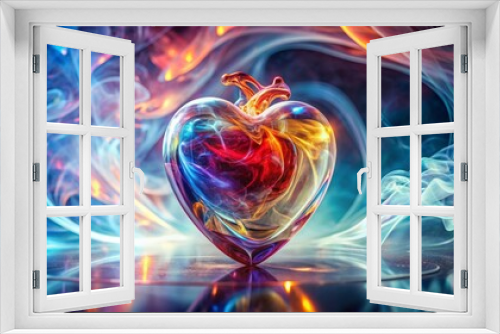 Vibrant, transparent, anatomically correct glass sculpture of a powerful heart, surrounded by swirling, abstract mist, emit strong, radiant energy.