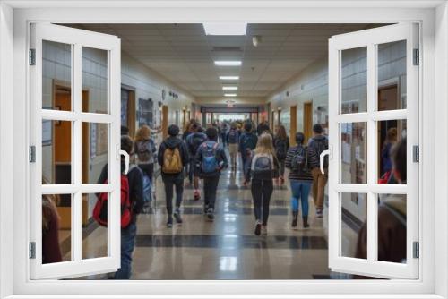 A wide-angle photo capturing the bustling activity of a high school hallway as students rush between classes