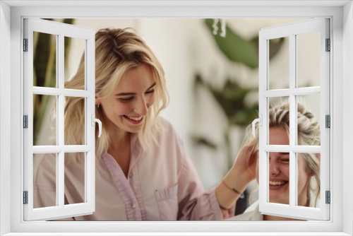 Blonde Woman Gently Brushing Hair of Smiling Friend