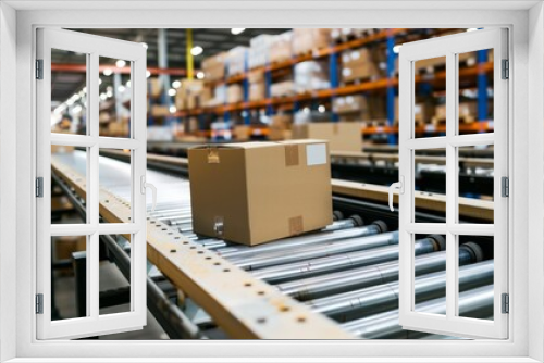 Packages on conveyor belt in modern intelligent distribution center.