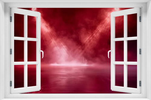 The dark stage shows, dark red background, an empty dark scene, neon light, and spotlights The concrete floor and studio room with smoke float up the interior texture for display products