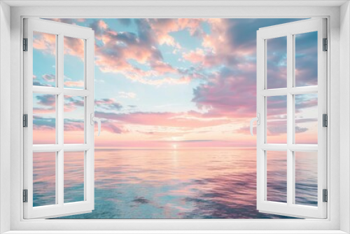 Serene Sunset over Calm Ocean. Pastel Pink and Blue Sky