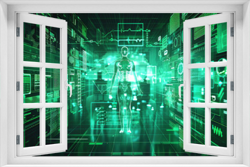 A digital human figure surrounded by glowing green data visualizations and holographic graphs