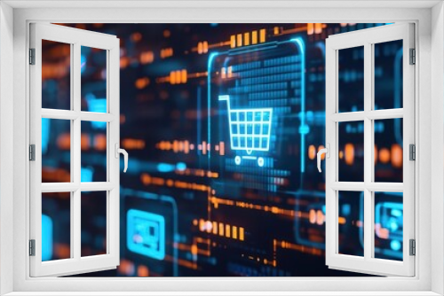 A digital world showcasing a cyber shopping spree with floating icons of purchased items with copy space