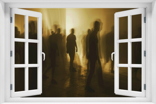 Silhouettes of people walking in a dimly lit, hazy environment. The scene has a moody, mysterious atmosphere with shadows creating an ethereal effect, enhanced by motion blur.