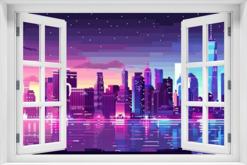Pixel art night cityscape with colorful lights reflecting on the water. The digital illustration depicts a vibrant city scene at dusk with a pixelated aesthetic.