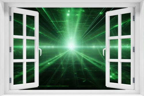 Abstract Green Laser Beams Converging to a Bright Point Creating a Futuristic and Technological Atmosphere