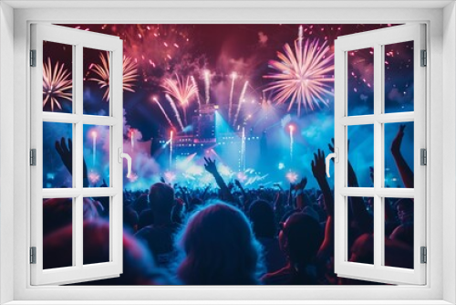 Modern open air summer music festival, energetic crowd dancing under a sky full of fireworks, long