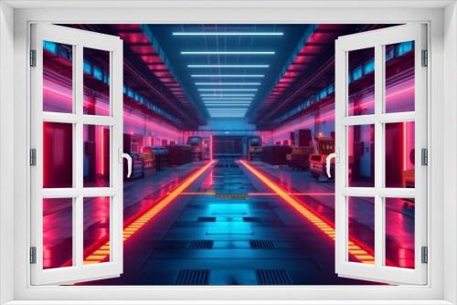 Futuristic Industrial Facility with Neon Lights. Futuristic industrial facility illuminated with neon lights, showcasing cutting-edge technology and modern manufacturing processes.