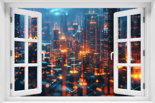 Futuristic cityscape with glowing digital lines and skyscrapers