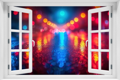 Vibrant city street lights reflecting on a wet road at night, creating a colorful and abstract urban scene.