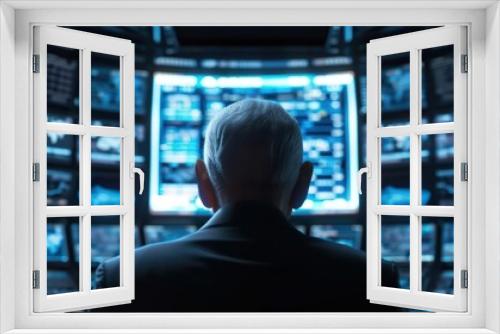 A corporate leader surrounded by floating data screens, conducting a global meeting from a hightech command center, with copy space