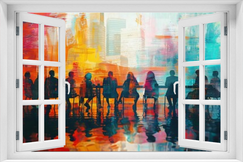 A vibrant abstract painting depicting a silhouette of people seated around a table, showcasing a colorful and dynamic cityscape background.
